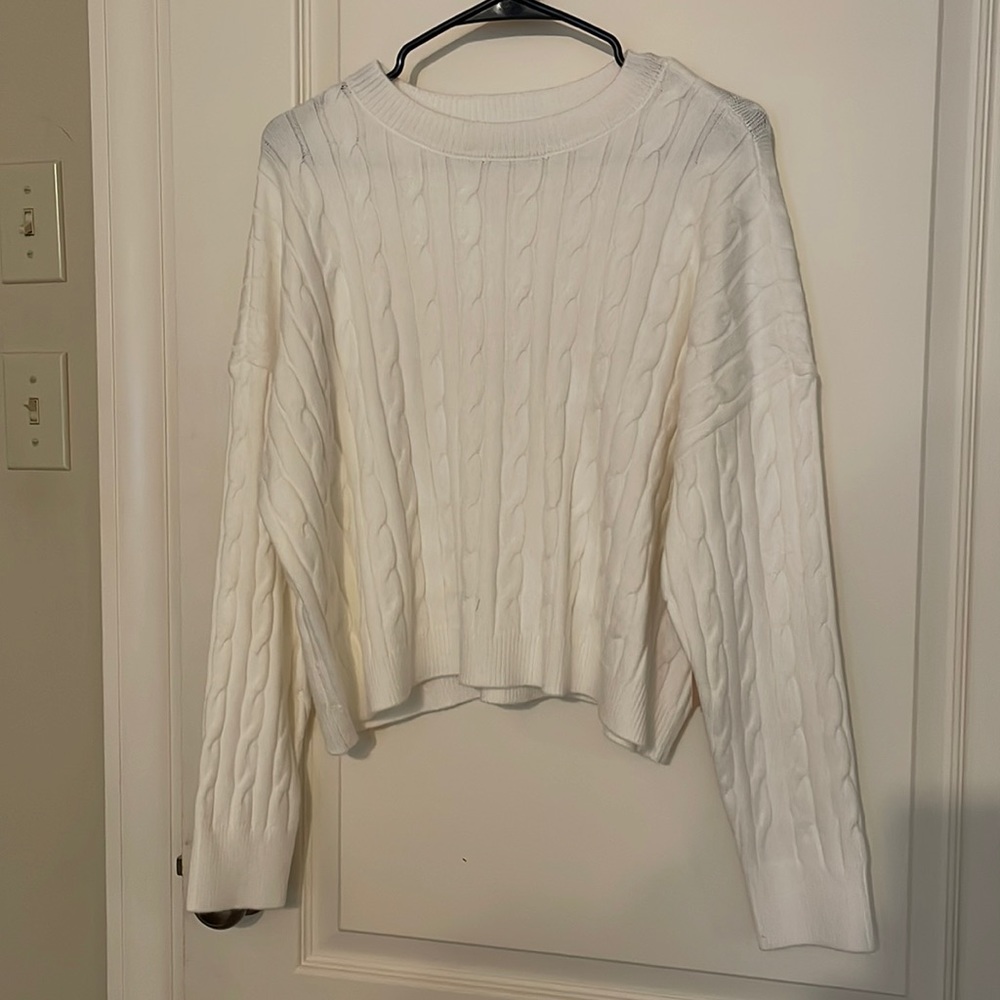 White Crewneck Lounge Cable Sweater NWT